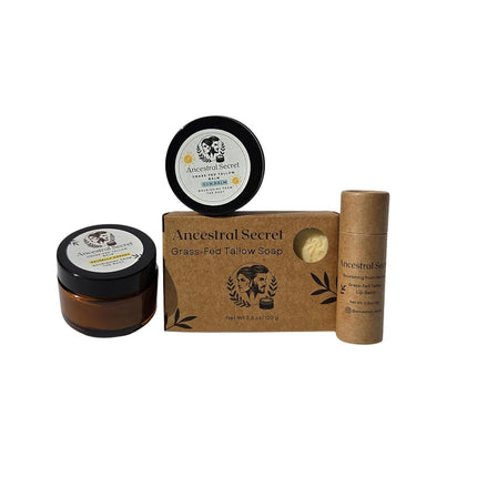Skincare Kit – Grass-Fed Tallow Moisturizer, Natural Sun Balm, Soap & Lip Balm – Peony, Amber & Star Fruit Essential Oil Blend, Different Sizes (Travel Size)