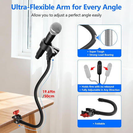 Gooseneck Microphone Stand, 19.69" Adjustable Mic Clip with 3/8" to 5/8" Adapter, Heavy Duty Metal Super Crab Desk & Pole Clamp Mic Holder Compatible with Shure/Fifine/AT2020/Pyle/Blue Snowball/Razer