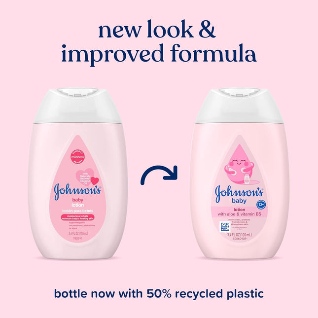Johnson's Baby Lotion with Coconut Oil, Aloe Vera & Vitamin B5, 72 HR Hydration, Skin Moisturizer, Hypoallergenic, Newborn Safe, Protects From Dryness & Strengthens Skin, Baby Essentials, 3.4 fl. oz