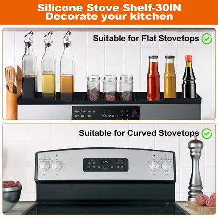 Stove Top Shelf 30 Inch - Silicone Material Magnetic Shelf for Stove - 3 Functional Partitions Kitchen Spice Rack Organizer-Black,Kitchen Gadgets Storage Organization