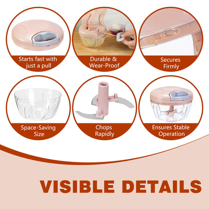 ‌Manual Food Processor Vegetable Chopper, Portable Hand Pull String Garlic Mincer Onion Cutter for Veggies, Suitable for Vegetables, Ginger, Garlic, Fruits, Onion, Potato, Salad (Pink 500 ml)‌