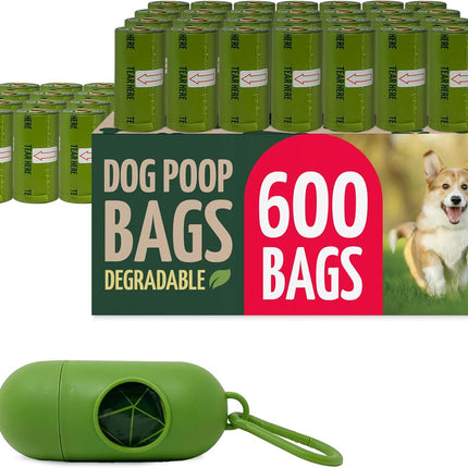 Reli. Biodegradable Dog Poop Bags Rolls (600 Pack, 40 Rolls) | 9"x13" Oxodegradable | Large Dog Poop Bags | Unscented, Leak Proof for Doggie/Pet Waste | Green Eco-Friendly | w/Leash Clip Holder