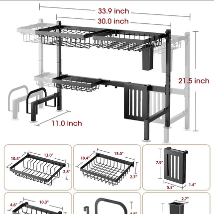 Over The Sink Dish Drying Rack - Adjustable 2 Tier Large Capacity Stainless Steel Drainer with Cutlery & Utensil Holders, Kitchen Storage & Organization, 30"-33.9" L x 11" W x 21.5" H, Black