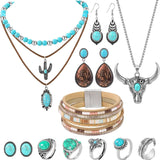Western Jewelry for Women - Boho Turquoise Jewelry Set with Turquoise Necklace, Earrings, Bracelet & Rings