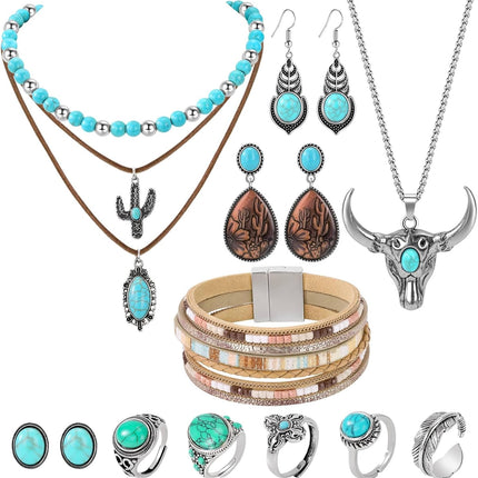Western Jewelry for Women - Boho Turquoise Jewelry Set with Turquoise Necklace, Earrings, Bracelet & Rings