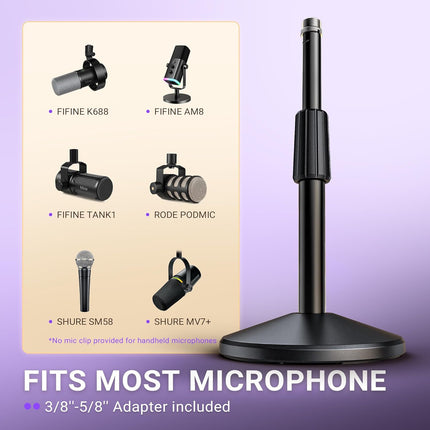 FIFINE Desktop Microphone Stand, Adjustable Heavy Duty Weighted Base Tabletop Mic Stand with Twist Clutch & 3/8'' to 5/8'' Screw, for Streaming, Gaming,Recording-BS2