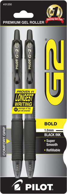 Premium Gel Pens, Black Pens, Bold Point 1 mm, 2 Black