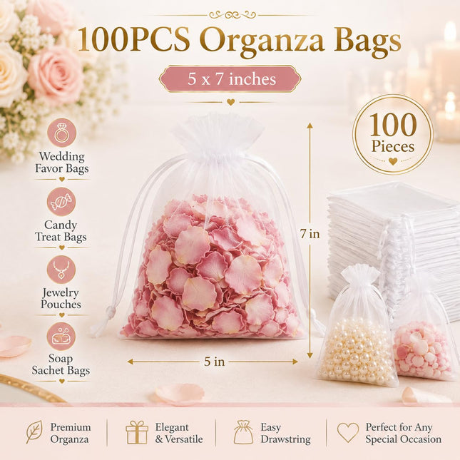 100pcs Organza Bags 5''x7'' - White Mesh Drawstring Gift Bags