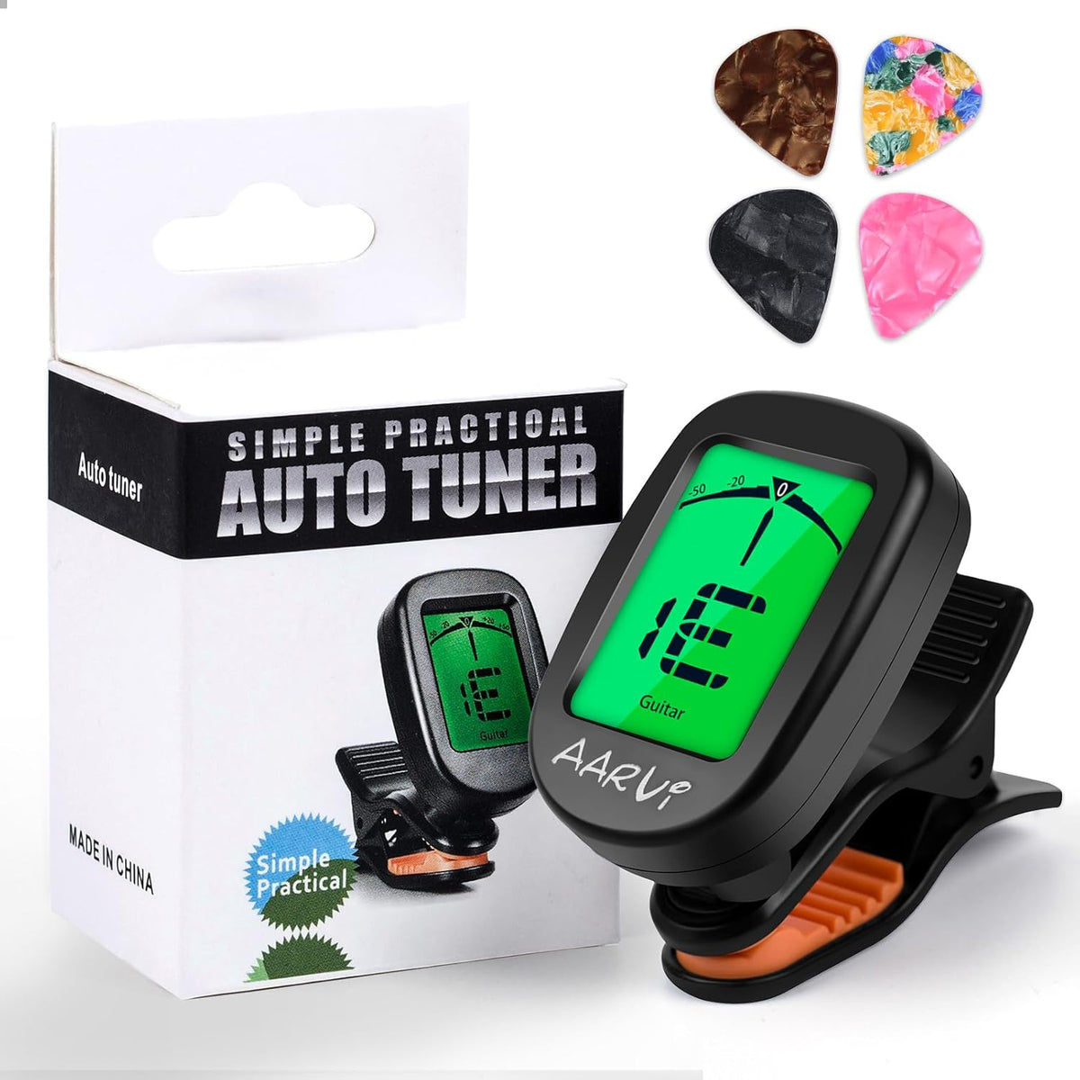 Clip On Guitar Tuner for All Instruments with LCD Display and 4 Guitar Picks