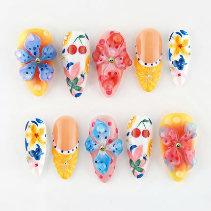 30Pcs Summer Press on Nails Medium Almond 3D Lemon French Tip Fake Nails with Gold Beads Summer Fruit Acrylic Nails 3D Flower False Nail Kit Blueberry Cherry Flowers Full Cover Glue on Nails for Women