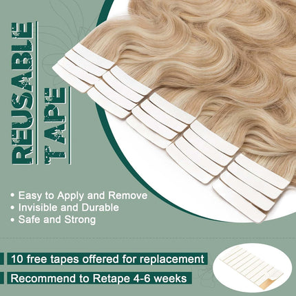 Benehair Remy Tape in Hair Extensions Human Hair Ash Blonde&Bleach Blonde Seamless Skin Weft Tape in Real Human Hair Extensions Wavy Hair 22 Inch 50g #18P613 20 pcs