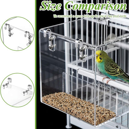 No Mess Bird Feeder for Cage Acrylic, Large Bird Cage Pet Feeder Seed Food Container, for Parakeet Canary Parrot Cockatiels Cockatiels Lorikeet Lovebirds, 6.2 x 6.2 x 6.3 inch