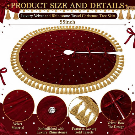 55 Inch Burgundy Christmas Tree Skirt Velvet, Round