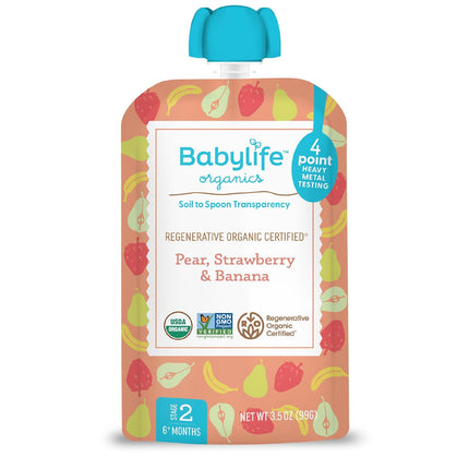 Babylife Organics Stage 2 - Pear, Strawberry & Banana, 3.5 Ounce Pouch (1 Pack) - Heavy Metal Safe, Organic Baby Food
