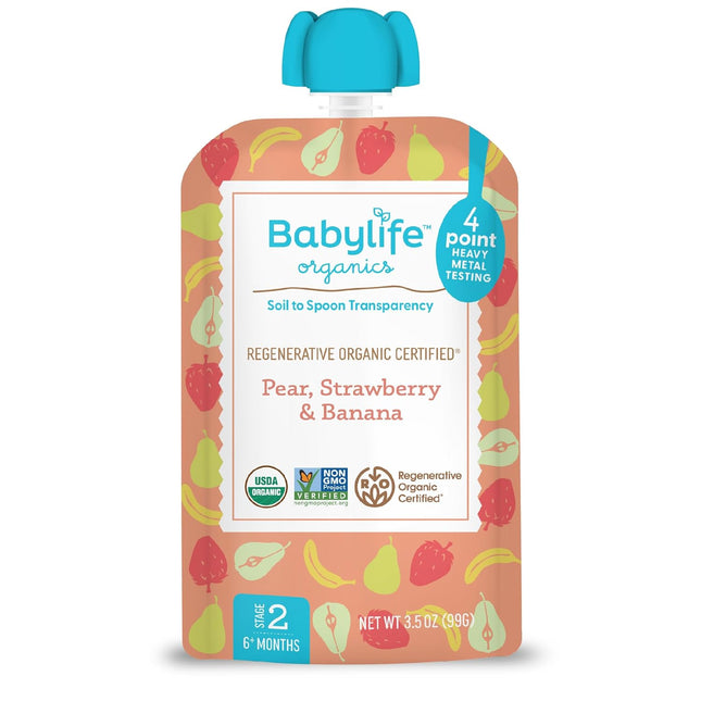 Stage 2 - Pear, Strawberry & Banana, 3.5 Ounce Pouch (1 Pack) - Heavy Metal Safe, Organic Baby Food