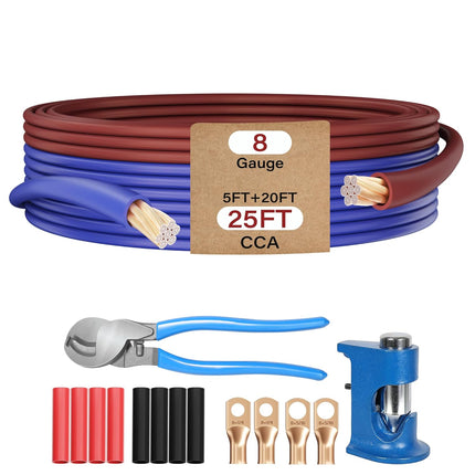8 AWG Gauge Wire Kit CCA 20 Ft Blue+5 Ft Brown, Primary Automotive Power & Ground Wire Welding Battery Cable All-in-One Set for Car Audio RV Trailer Amp Marine+Lugs,Heat Shrink, Cutter &Crimping Tool