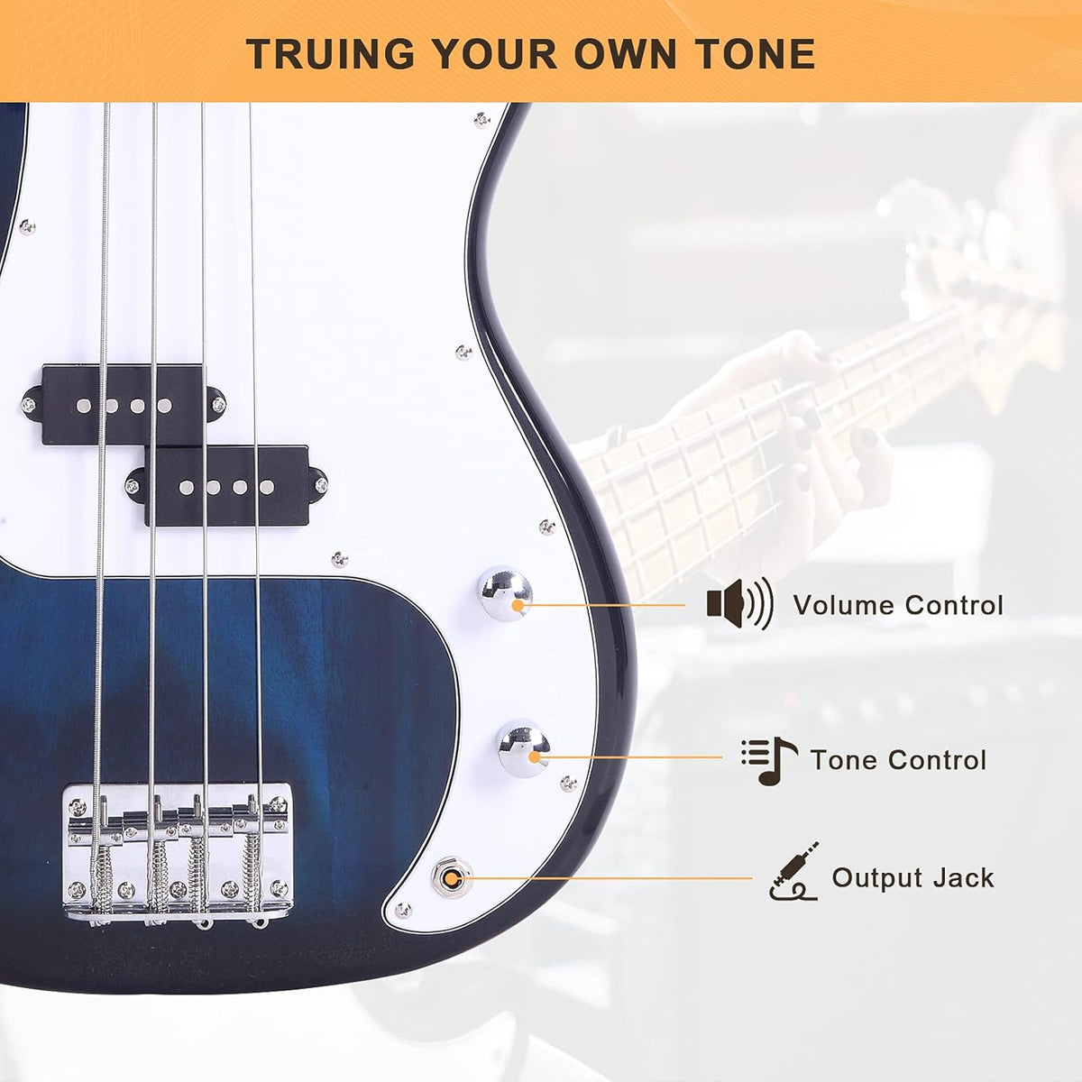 Full Size 4 String Electric Bass Guitar, Dark Blue Fire Style - photo 5
