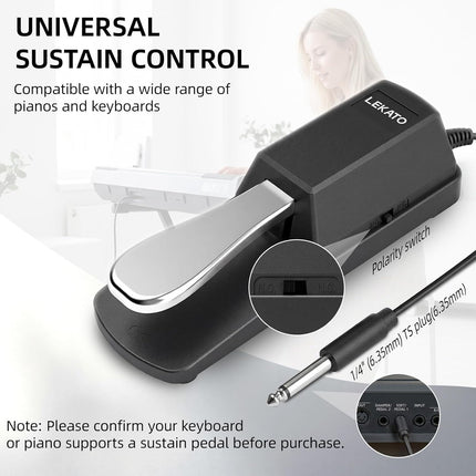 LEKATO Sustain Pedal for Keyboard, Universal Sustain Pedal with Polarity Switch, 1/4'' 6.35mm TS Input Plug, Fit for Most Electronic Keyboard Digital Piano, for Yamaha Casio Roland Korg Behringer Moog
