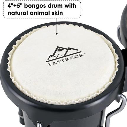 EASTROCK Bongo Drum 4” and 5” Bongos Set for Adults Beginners Professionals Tunable Wood Hand Drum Percussion Instruments With Tuning Wrench (Black)