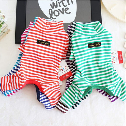 Hdwk&Hped Soft Cotton Dog Pajamas for All Seasons, Striped Pet Bottoming Jumpsuit for Small Dog Cat Puppy (#5, Striped Style - 2-Pack(red&Dark Green))