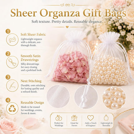 100pcs Organza Bags 5''x7'' - White Mesh Drawstring Gift Bags