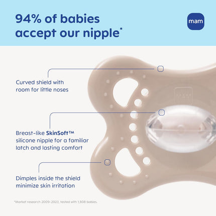 MAM Original Matte Baby Pacifiers 0-6 Months, Binky for Newborn Babies, BPA-Free Skin Soft Silicone Nipple, Easy to Clean, Developed with Medical Experts, 4 Count, Made in Europe