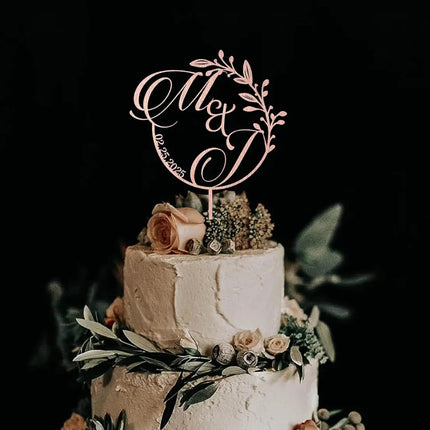 Boho Wedding Cake Topper with Rustic Floral Wreath – Personalized Mr & Mrs Name Sign – Custom Wood or Acrylic Cake Topper