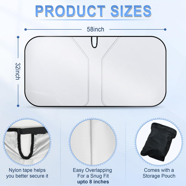 300T Universal Car Windshield Sun Shade, Foldable Reflective for Windshield & Window Shades with Overlapping Design, Car Interior Accessories (58" L x 32" W)
