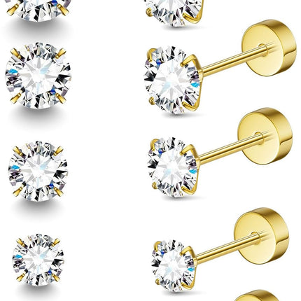 Stud Earrings for Women Men, Hypoallergenic Women's 14K Gold Plated 316L Stainless Steel CZ Studs Earrings Simulated Diamond Round Cubic Zirconia Ear Stud Set