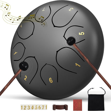 Rain Drum for Outside Garden, 6 Inches 8 Notes Steel Tongue Chakra Drums, Waterproof Echo Rain Chime Meditation Drums, Musical Instruments for Adult Gift with Bag, Music Book, Drum Mallets (Black)