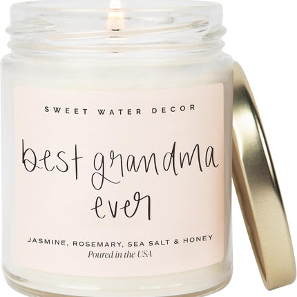 Sweet Water Decor Best Grandma Ever Candle - Jasmine, Rosemary, Sea Salt, & Honey Scented Candle - 9 oz Soy Candle in Clear Jar with 40+ Hours Burn Time - Birthday and Mother's Day Gifts for Grandma