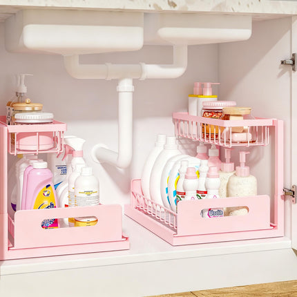 Under Sink Organizer, L-Shaped 2 Tier Pull Out Cabinet Organizer
