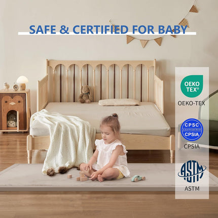 Huloo Sleep Play Mat for Babies Toddlers,1.3" Thick Elasti-Foam Anti-Fall Cushion Mat for Kids Room,28×72 Bedroom Bedside Rugs,Water-Repellent Soft Coral Velvet,Non-Slip(Beige)