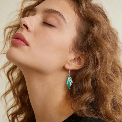 Leaf Silver Dangle Earrings for Women Enamel Boho Teardrop Dangling Bohemian Tropical Earrings Plant jewelry for Vacation