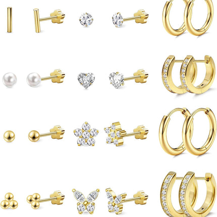 Stud Earrings for Women Men, Hypoallergenic Women's 14K Gold Plated 316L Stainless Steel CZ Studs Earrings Simulated Diamond Round Cubic Zirconia Ear Stud Set