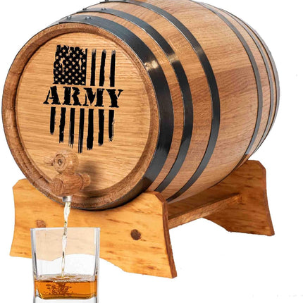 US Army 1 Liter Oak Aging Barrel Dispenser w/Wood Stand, Bung & Spigot - Memorial Day Military Veteran Gifts, 1L Charred Mini Bourbon Whiskey Barrels for The Home Distiller, Moonshiner