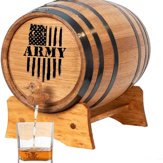 US Army 1 Liter Oak Aging Barrel Dispenser w/Wood Stand, Bung & Spigot - Memorial Day Military Veteran Gifts, 1L