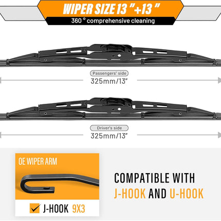 AUTOBOO 13"+13" Wiper Blades Replacement for Jeep Wrangler TJ Front Windshield Wipers 1997 1998 1999 2000 2001 2002 2003 2004 2005 2006- Original Factory Quality (Pack of 2)