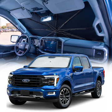 Parasol para parabrisas de camioneta para F-150/Silverado/Tundra/RAM 1500/Sierra - 5 capas con recubrimiento de cristal de hielo bloquea 99% UV, enfría el interior | mango giratorio 360° para fácil uso