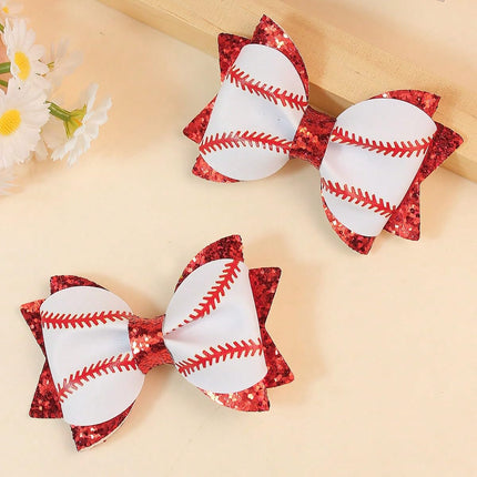 2PCS Baseball Hair Bows with Red Glitter White and Red Leather Sports Theme Hair Accessories Assorted Hair Accessories Alligator Clip for Little Girls Toddler Kids Teens