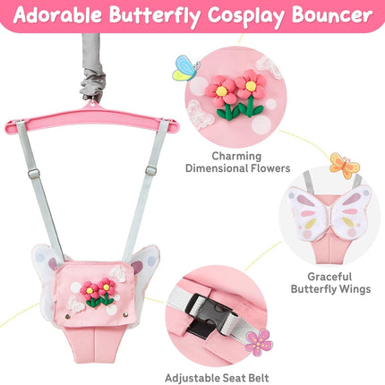 FUNLIO Baby Jumper with a Ceiling Hook for 6-24 Months, Baby Door Jumper for Indoor/Outdoor Play, Jumper Doorway with Adjustable Chain, Easy to Assemble & Store (with a Ceiling Hook) - Pink Butterfly