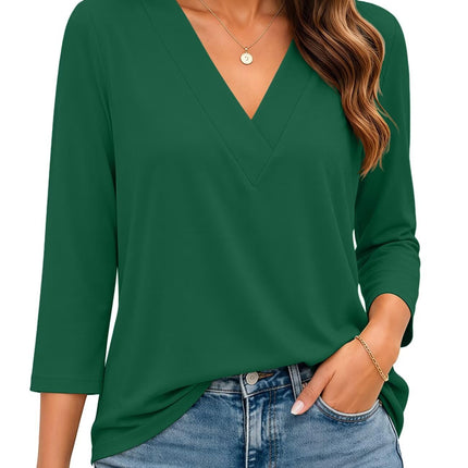 Womens 3/4 Sleeve V Neck Tops Loose Fit T Shirts Casual Blouses