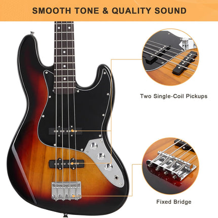 GLARRY 4 String GJazz Electric Bass Guitar Full Size Right Handed with Guitar Bag, Amp Cord and Beginner Kits (Sunset)