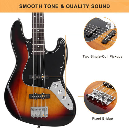 4-String Full-Size Right-Handed Electric Bass Guitar with Bag, Amp Cord and Beginner Kit - Sunset - photo 5
