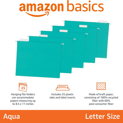 Amazon Basics Hanging File Folders with Adjustable Tabs for Document Organization, Letter Size, Aqua, 25-Pack
