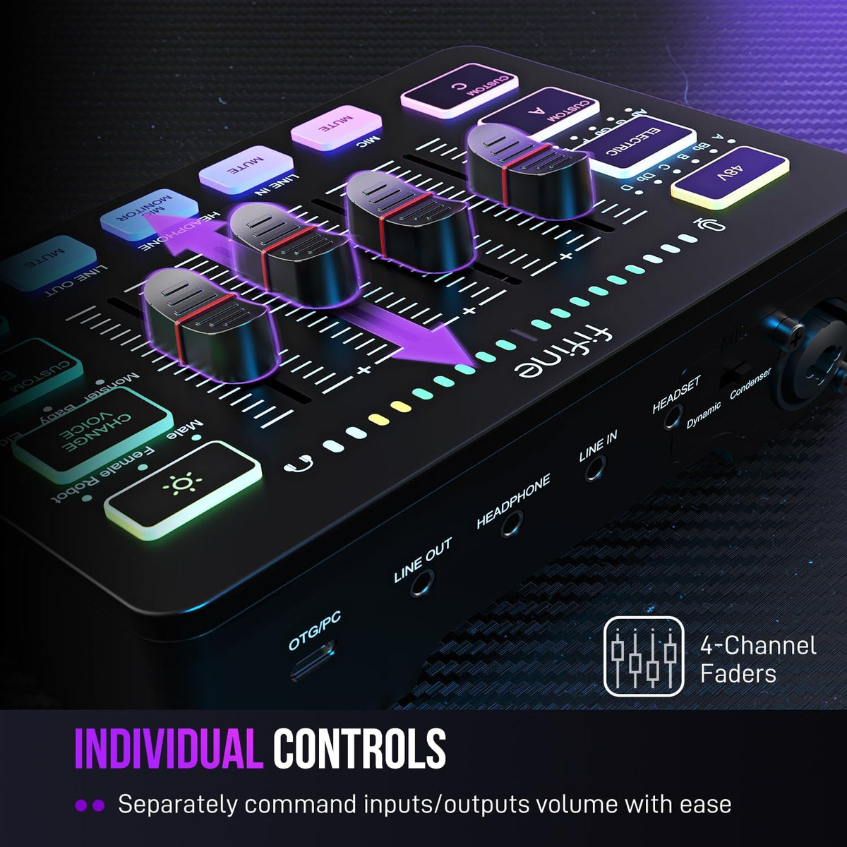 Gaming Audio Mixer, Streaming RGB PC Mixer with XLR Microphone Interface, Individual Control, Volume - photo 3
