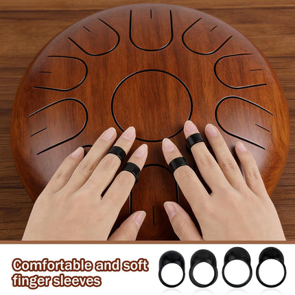 4pcs Wood Handle Steel Tongue Drum Mallets, Xylophone Mallets with 8 Finger Cots Glockenspiel Drumsticks Rubber Percussion Sticks for Marimba Timpani Tongue Drum Bell