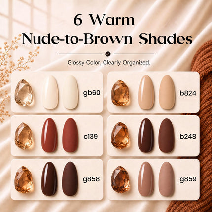 Set de esmalte en gel marrón, colección Toasty Aroma, 6 colores de otoño