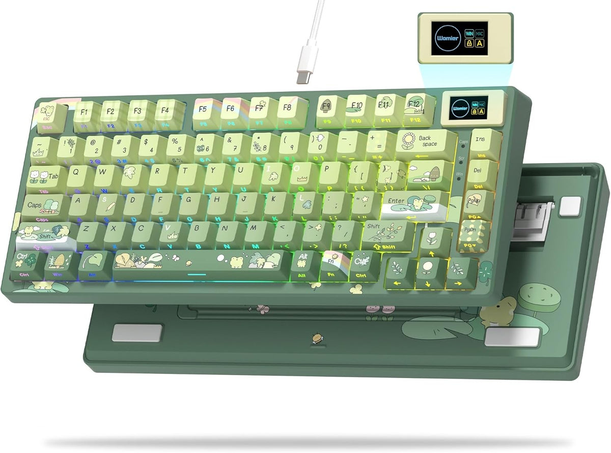 75% Keyboard with Color Multimedia Display Mechanical Gaming Keyboard Cute Green Frog Wired Hot Swappable Gasket Mount