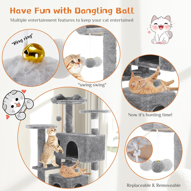 54 Inch Cat Tree Tower, Multi-Level Tower with Cat Scratching Post, Indoor Cat Condo with Climbing Ladder, Plush Toy, Play House for Cat, Light Grey